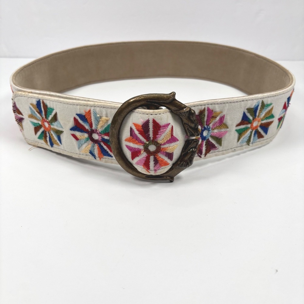 VTG Folk Art Women Waist Belt Embroidered Sunburst Bronze Buckle Hippie Boho